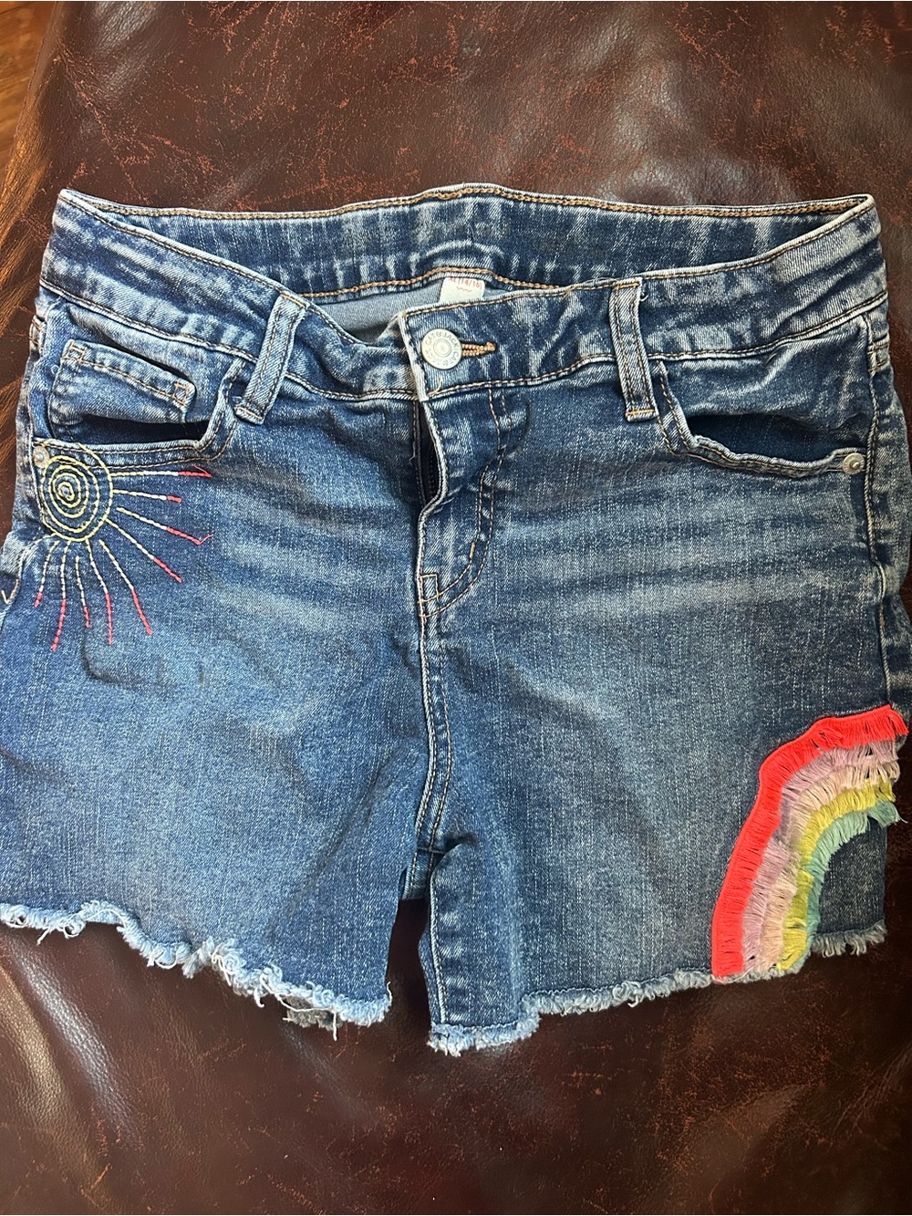 Embroidered Denim Girls Shorts in Blue with Rainbow Accent